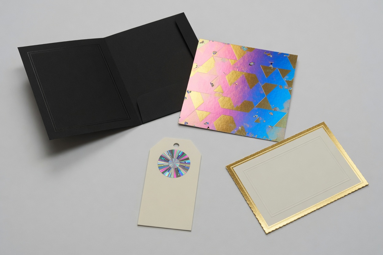 Embossed folder, holographic card, hang tag and a gold-edge certificate