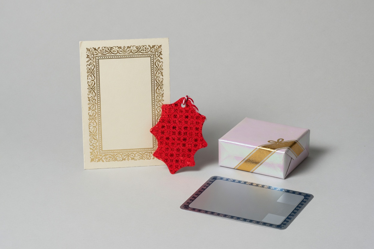 Framed program, foil gift tag, pearlescent box and a silver card