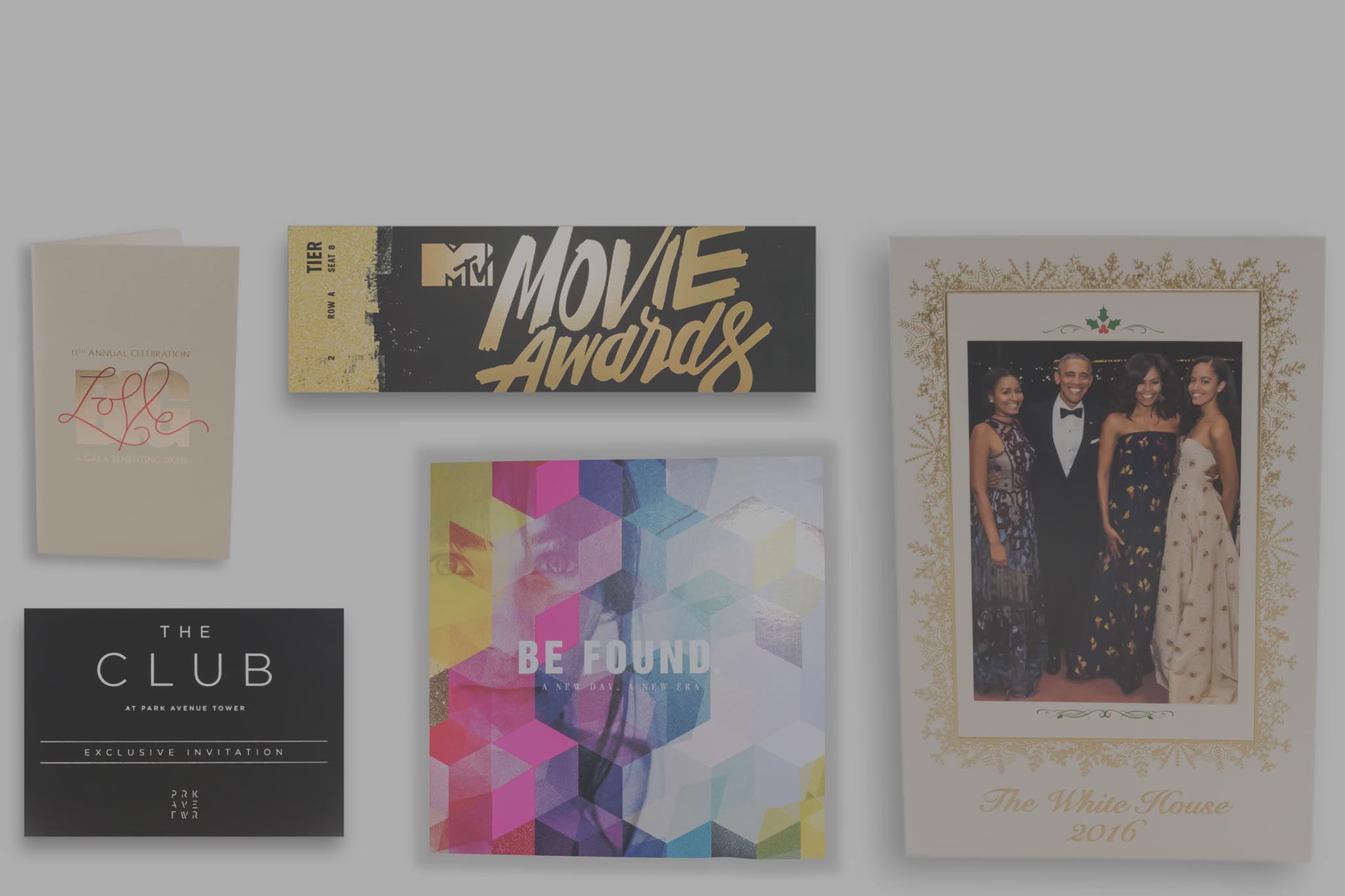 Foil-stamped cards, an invitation and a holiday program